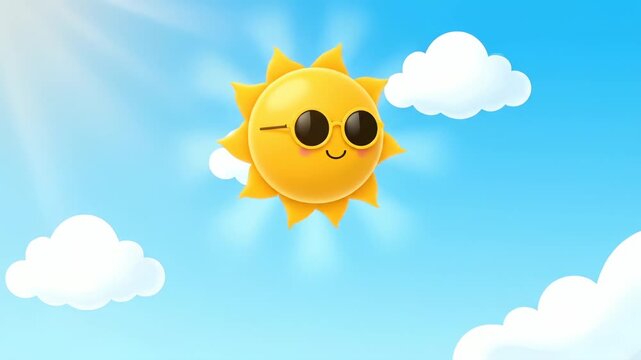 Animated sun with sunglasses smiles in blue sky with clouds. Cartoon sun character shows happy weather. Sunny animation with smiling sun. Blue sky with animated sun and white clouds. Happy sun.