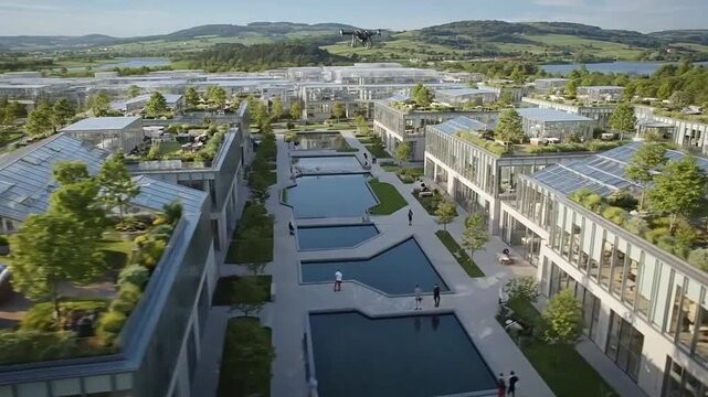 Aerial view of a sustainable modern city or eco-district with green roofs, water features, and lush landscaping under a bright sky.