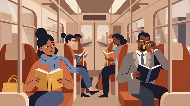 Diverse people reading books while commuting on public transport train