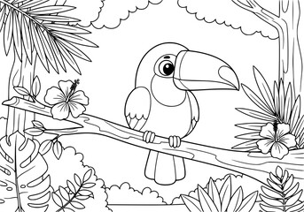Obraz premium Simple cartoon in black and white. cute toucan bird on Branch. in rainforest. ideal for children's coloring books.
