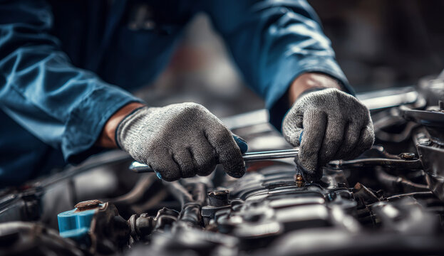 Mechanic working on car engine with focused hands in gray gloves and blue workwear, repairing internal mechanical components