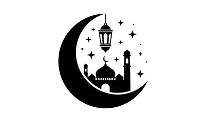 Obraz premium Ramadan 2026 crescent moon lantern and mosque line art vector illustration isolated on white