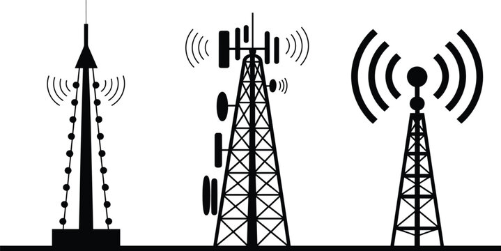 Communication towers, broadcasting antennas, lattice structures, , cellular network, telecommunication technology, modern design, broadcasting equipment, cad drawing flat vector illustration