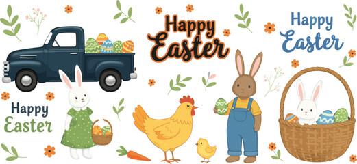 Cute Easter character collection with bunny chicken eggs basket pickup truck and flowers isolated on white background spring holiday cartoon vector illustration set © Mostafijur