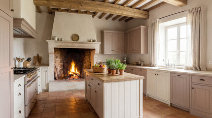 Fototapeta premium Elegant Provence-style kitchen interior in soft pastel tones featuring natural wood, exposed ceiling beams, and a traditional fireplace.