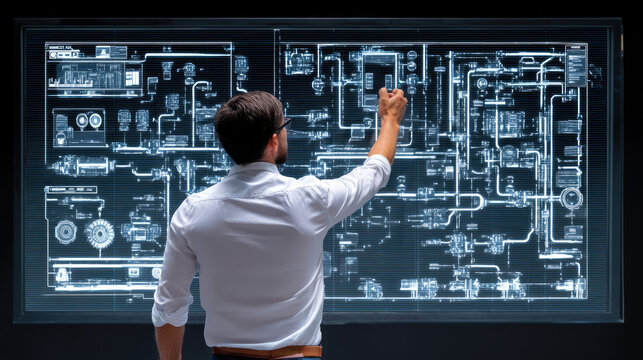 Man interacting with futuristic augmented reality data display screen