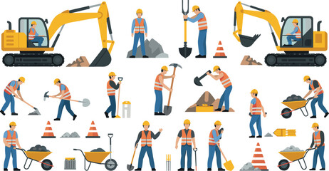 Construction workers and excavators illustration set showing labor activities, heavy machinery, tools, safety gear, roadwork, building industry vector design © SreeKhamol