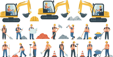 Construction workers and excavators set illustration showing heavy machinery, labor activities, tools, safety gear, roadwork, building industry vector collection design © SreeKhamol