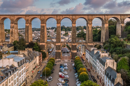 Aerial view with viaduct of Morlaix in France, at sunset