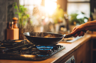 Person cooking in a modern kitchen using a black frying pan over a gas stove with blue flame during sunset