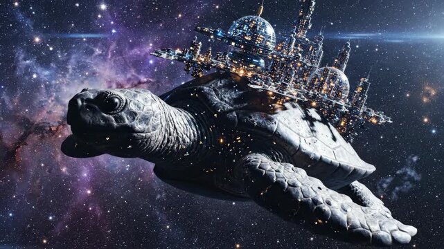 Surreal Cosmic Giant Turtle Floating Through Nebula With Abstract Structure On Shell