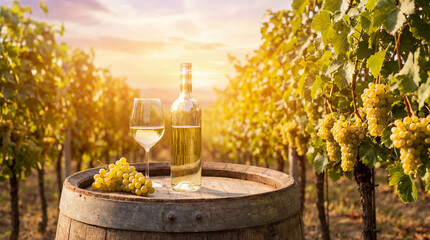Fototapeta premium Glass of white wine and a bottle of wine stand on an old oak barrel against the backdrop of vineyards in the evening sunset.