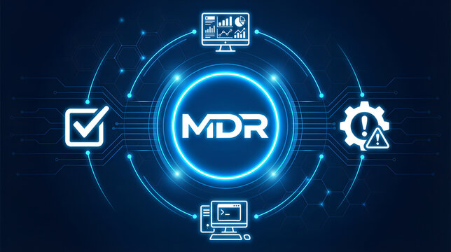 MDR Managed Detection and Response software concept, providers proactively monitor their customers networks, endpoints, and other IT resources for security incident