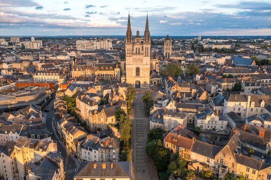 Aerial view with sunset scenery in beautiful city of Angers , with famous chateau and cathedral