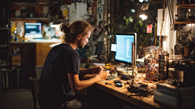Startup founder working on a complex electronic prototype in a cluttered workshop