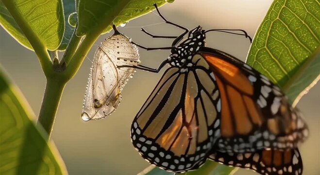 Monarch butterfly emerging from chrysalis on a green leaf, New life concept with butterfly emerging from cocoon at sunrise