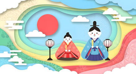 Happy couple in traditional Japanese kimonos celebrating Obon festival