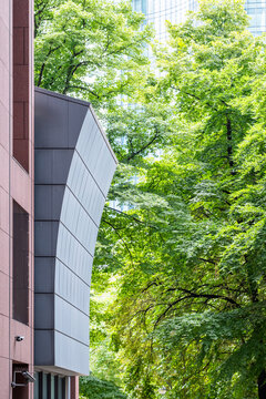 Modern urban building architecture with vertical cladding contrast under trees canopy showing sustainability through contemporary facade and green design