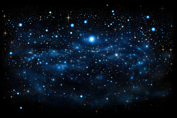 Naklejka premium A dark cosmic starfield illustration features a blue nebula and glowing particles swirling through a starry night sky galaxy background to create an abstract motion loop of the outer universe