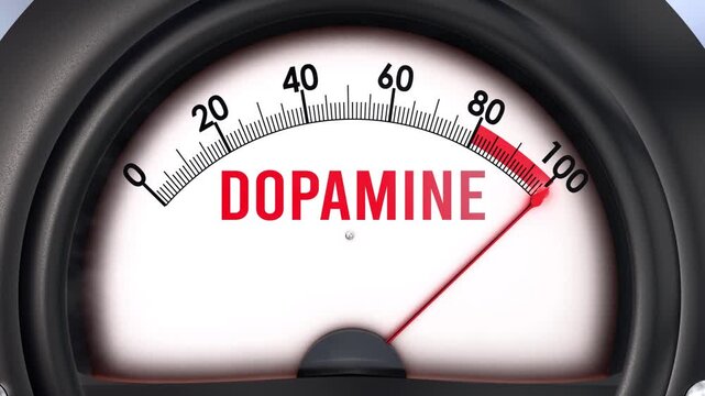 Dopamine meter that is hitting a full scale, increasing and high levels of dopamine, potential overload. Maximum dopamine value, off the charts.
