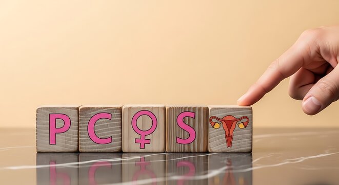Hand pointing to PCOS wooden cubes. Polycystic ovary syndrome concept for women health and medical awareness. Gynecological condition.