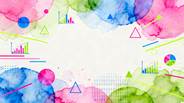 Creative Data Visualization Background with Watercolor Splashes and Binary Code ,Modern Infographic Layout with Vibrant Watercolor Texture and Statistical Icons