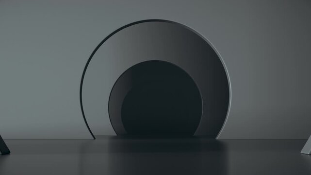Minimalist 3D rendering of abstract architectural space with light moving through concentric arches as camera moves backward in dark atmosphere