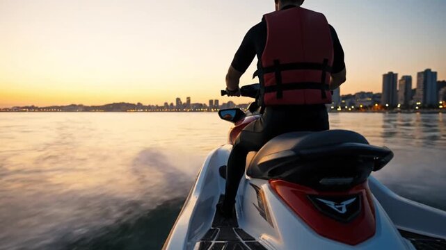 Person riding a jet ski on calm water during a beautiful sunset with a city skyline in the distance.