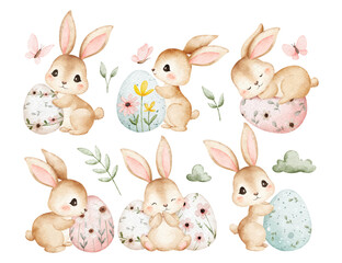 Watercolor Illustration Set of Easter Rabbit and Easter Eggs with Floral Decoration