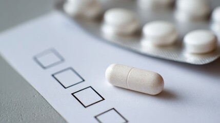 White Capsule Pill on Checklist Paper with Blister Pack in Background