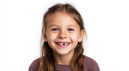 Close-up portrait of surprised girl with missing baby tooth smile having fun on isolated white background.