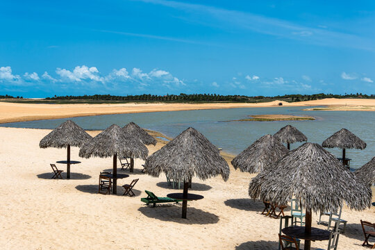 Straw huts on the banks of the Torta Lagoon, Tatajuba Beach at Jijoca de Jericoacoara, Ceara in Brazil