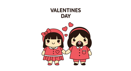 Chibi-style illustration of a cute couple in red outfits holding hands with hearts above them on Valentine's Day against a clean white background.