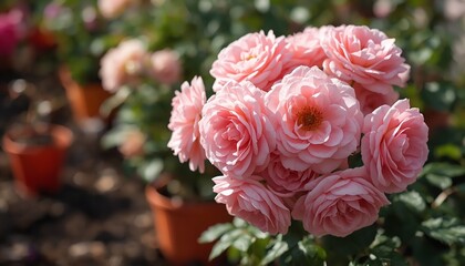 Obraz premium A beautiful bouquet of pink roses in a garden with potted plants and flowers in the background.
