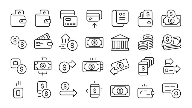 Grid of 30 minimalist financial icons including wallets, credit cards, coins, bank buildings, mobile payments, transfers, and documents.