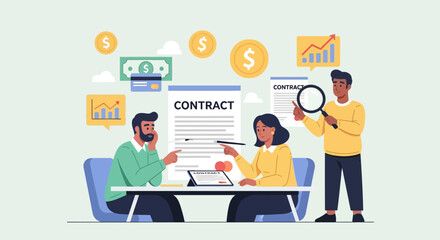 Business professionals reviewing contract documents together at a meeting table with financial symbols and graphs surrounding them