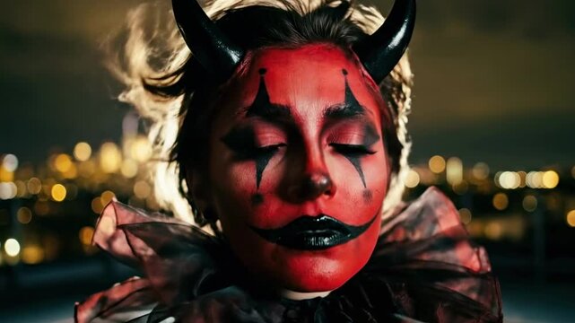 clown devil. A person with striking red face paint and black accents, adorned with a ruffled collar, stands against a cityscape backdrop, embodying a whimsical yet haunting character
