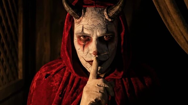 clown devil. A menacing figure draped in a red cloak, adorned with horns and eerily white face paint, gestures for silence in a dimly lit, atmospheric setting with candlelight