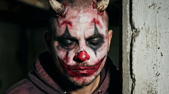 clown devil. A sinister figure with a clown mask, darkened cheeks, red nose, and horns peeks from a shadowy corner, evoking a chilling presence in a dimly lit environment