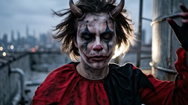 clown devil. A figure in a red and black costume with devilish horns and face paint stands on a rooftop against a city skyline, evoking a haunting and eerie atmosphere