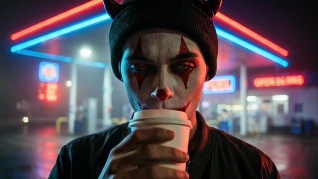 clown devil. A young man with a devilish look sips coffee at a brightly lit gas station at night, contrasting the eerie atmosphere with neon lights and fog
