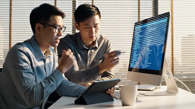 Two programmers review code on computer while holding tablet. Developers collaborate on programming at desk. Programmers discuss code project. Two men coding together at office with computer.