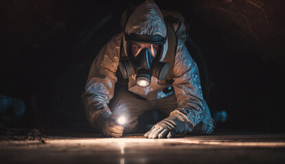 Fototapeta premium Person in protective gear wearing a paint suit crawling through a dark tunnel with flashlight and gas mask for safety in hazardous environment