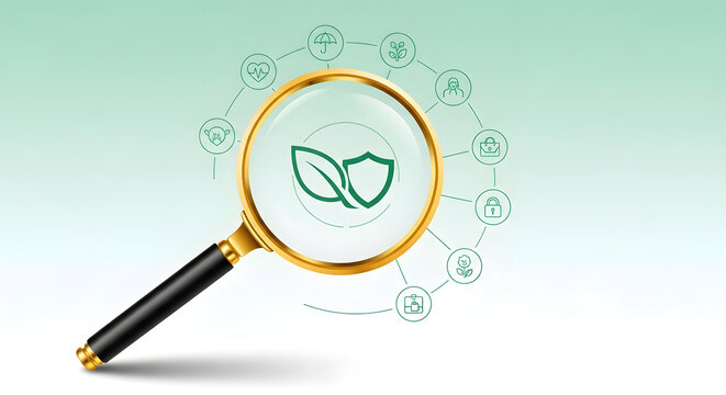 Magnifying glass revealing environmental protection and sustainability icons, symbolizing eco-friendly research and responsible practices