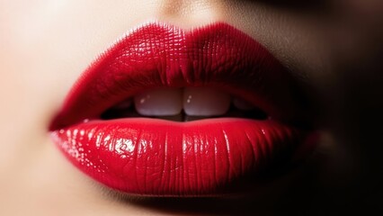 Obraz premium Glossy red lips are parted, exposing a hint of white teeth