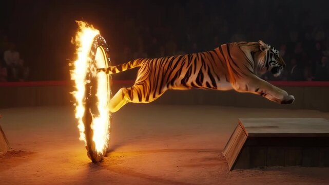 Wild Feline Spectacle. Photorealistic Scene Of Tiger Soaring Past Flames In Vibrant Circus Setting