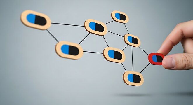 A hand interacting with a network of connected nodes