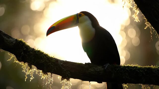 Majestic toucan perched on tree branch in rainforest, beautiful nature shot. Bird with bokeh background.