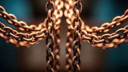 Interlocking copper chains cascade down, against a blurred, cool backdrop