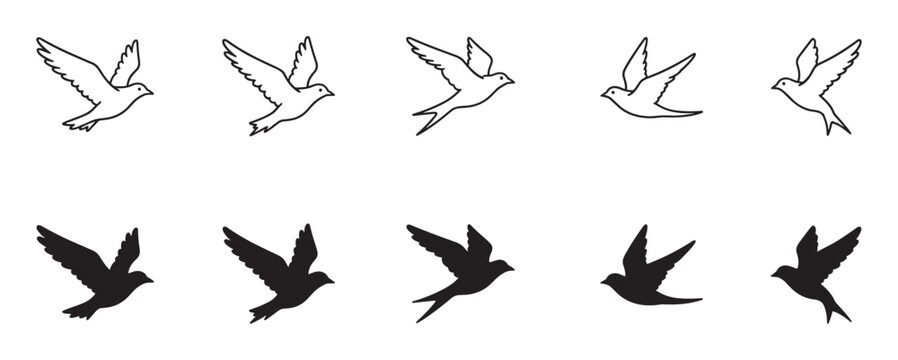 Collection of black bird icons showing swallows in flight, presented as simple line art outlines and solid silhouettes in a minimalist, graphic vector illustration style